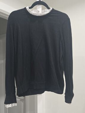 Marled Black Crewneck Sweater with Polka-Dot Ruffle Trim